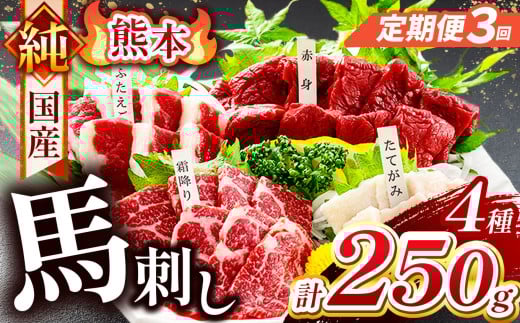 【 定期便 3回 】純 国産 熊本 馬刺し 4種類 250g | 肉 にく お肉 おにく 馬 馬刺 赤身 霜降り ふたえご たてがみ 小分け 専用タレ 定期 熊本県 玉名市 2159946 - 熊本県玉名市