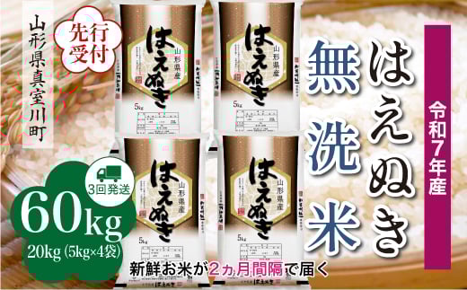 ＜令和7年産米先行受付＞ 真室川町産 はえぬき 【無洗米】 定期便 60kg （20kg×2ヶ月間隔で3回お届け）＜配送時期指定可＞ 2168557 - 山形県真室川町