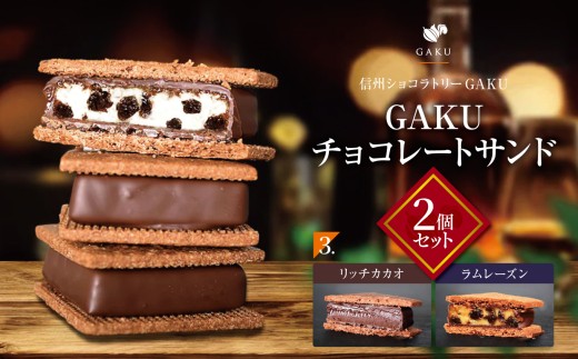 【信州ショコラトリーGAKU】GAKUチョコレートサンド２個セット（リッチカカオ・ラムレーズン各１個入り） │ ふるさと納税 信州 長野県 松本市 お菓子 おかし 甘い チョコ チョコレート サンド カカオ スイーツ デザート 2260221 - 長野県松本市
