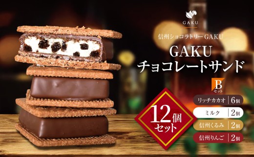 【信州ショコラトリーGAKU】GAKUチョコレートサンド12個セット（リッチカカオ6個・ミルク2個・信州くるみ2個・信州りんご2個） │ ふるさと納税 信州 長野県 松本市 お菓子 おかし 甘い チョコ チョコレート サンド カカオ スイーツ デザート 2260225 - 長野県松本市