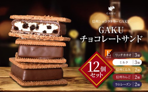 【信州ショコラトリーGAKU】GAKUチョコレートサンド12個セット（リッチカカオ3個・ミルク3個・信州くるみ2個・信州りんご2個・ラムレーズン2個） │ ふるさと納税 信州 長野県 松本市 お菓子 おかし 甘い チョコ チョコレート サンド カカオ スイーツ デザート 2260228 - 長野県松本市