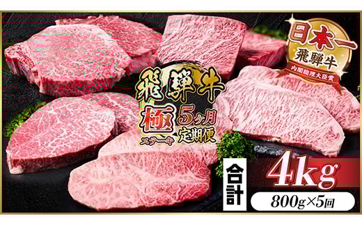 ＜毎月定期便＞飛騨牛 極ステーキ定期便　計約4kg＜冷蔵便＞全5回　A4～A5等級　黒毛和牛【4056917】