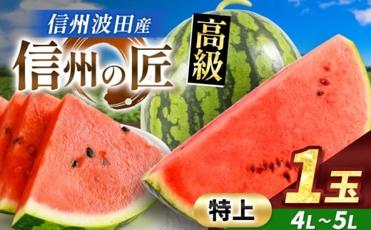 信州波田産 高級スイカ！信州の匠 【特上】 4L～5Lサイズ 1玉｜ふるさと納税 長野県 信州 松本 果物 フルーツ すいか スイカ 西瓜 新鮮 大きい 特別 贈答 季節限定 甘い くだもの ふるーつ 1985469 - 長野県松本市