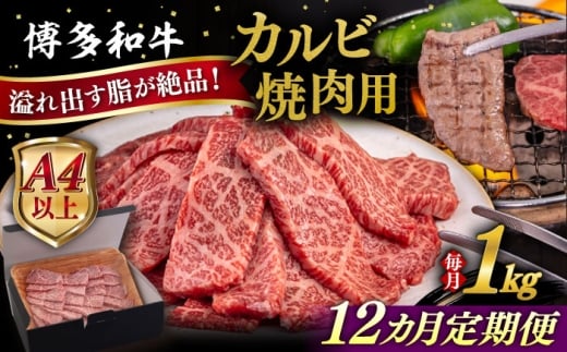 【全12回定期便】【A4/A5等級】博多和牛 カルビ 焼肉用 1kg 糸島市 / ヒサダヤフーズ 黒毛和牛 牛肉 焼き肉  [AIA107]