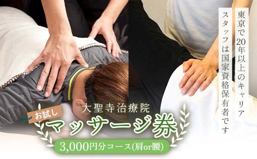 [選べる種類]大聖寺治療院 [お試し]肩マッサージ券 腰マッサージ券(3,000円分コース) 治療 整体 疲労回復 プレゼント 癒し F6P-2799var