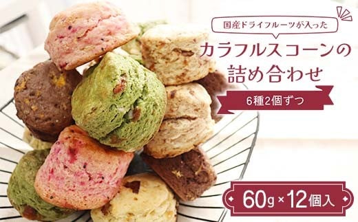 国産ドライフルーツが入ったカラフルスコーンの詰め合わせ 12個入り（6種2個ずつ） ココア 抹茶 いちご フルーツ 紅茶 胡麻 塩キャラメル ピーチ 焼き菓子 F7X-0512