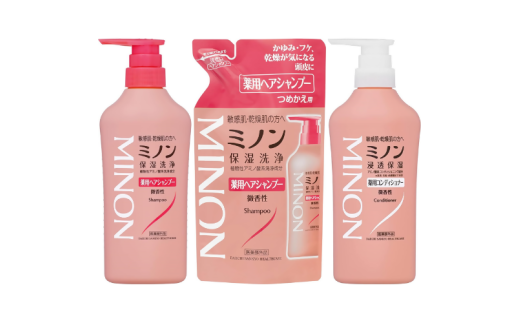 【25055】ミノン薬用ヘアシャンプー（４５０ｍＬ１本、詰替用１個）、ミノン薬用コンディショナー１本セット