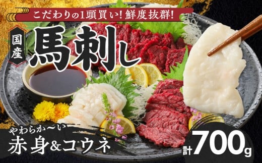 [馬刺し] 新鮮こだわり国産馬刺しセット[馬刺しタレ付き]福岡県産[馬刺し(赤身)・コウネ] (赤身100g×6P・コウネ50g×2)_国産 馬刺し セット 計 700g 赤身 100g × 6袋 コウネ 50g × 2袋 特製 甘口醤油ダレ 100ml × 2本 福岡県産 新鮮 生食用 真空包装 個包装 急速冷凍 肉 馬肉 ブロック 冷凍 小分け 便利 低カロリー 久留米市_Ah026