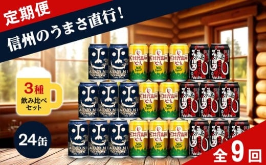 【定期便9カ月】 クラフトビール 350ml 3種24本 飲み比べセット 【ヤッホーブルーイング インドの青鬼 クラフトザウルス ペールエール 軽井沢高原ビール 地ビール お酒 酒 長野県 佐久市 】