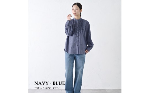 【THE INDUSTRY WORKS】フロントフリルネックブラウス（ネイビー×ブルー）・1着　TIW-W038（66-27） レディース ブラウス