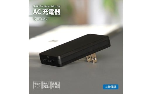 Owltech 薄さ14mm 最大PD65W出力 GaN採用 USB Type-C×2 AC充電器 OEC-APD65C2G-BK【 ガジェット 海老名市 】
