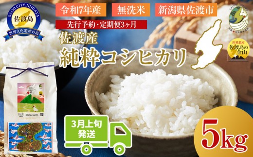 ＜定期便3回・先行予約＞【令和７年産・数量限定】新潟県佐渡産の純粋コシヒカリ　精米【無洗米】5kg×3回　送料無料　R8年  3月上旬～R8年5月上旬の3回送付 2194177 - 新潟県佐渡市