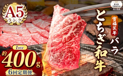 【栃木県共通返礼品】【定期便6回】宮福笑牛(とちぎ和牛) A5 バラ焼き肉 約400g  | 黒毛 和牛 牛肉 焼肉 とろける 霜降り 赤身 切り落とし ふるさと 納税 イチオシ おすすめ 栃木県 下野市 しもつけ市 2193888 - 栃木県下野市