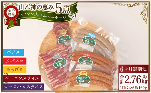 【6ヶ月定期便】 【竹田ジビエ】 山ん神の恵み イノシシ肉ハム・ソーセージ 5点セット 食べやすい ジビエ