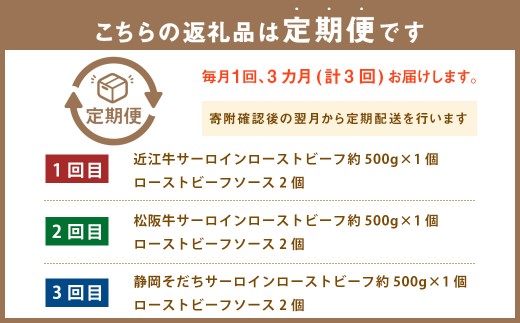 【3ヶ月定期便】 サーロインローストビーフ 食べ比べ（近江牛・松阪牛・静岡そだち） 【たわら屋】 