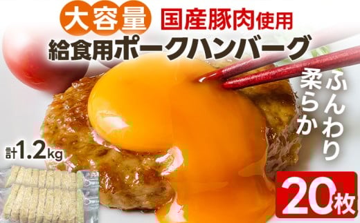 大容量 給食用ポークハンバーグ20枚 合計1.2kg ポークハンバーグ ハンバーグ 国産豚肉 柔らか 特定原材料 8品目 不使用 給食 おかず おやつ お弁当 福岡県 福岡 九州 グルメ お取り寄せ