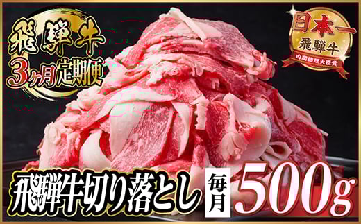 ＜毎月定期便＞飛騨牛　切り落とし　約500g＜冷蔵便＞全3回【4055013】