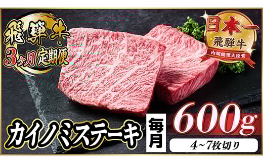 ＜毎月定期便＞飛騨牛 カイノミステーキ定期便 毎月600g＜冷蔵便＞A4～A5 厳選希少部位 全3回【4065610】 2047609 - 岐阜県羽島市