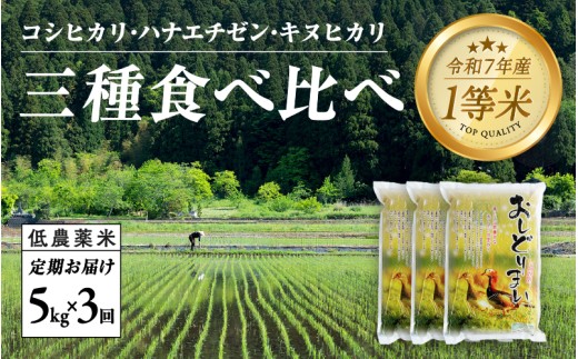 [令和7年産新米!][2025年10月上旬以降 順次発送予定][3ヶ月連続お届け]令和7年産 おしどり米 3種類食べ比べ定期便 5kg × 3回 計15kg [E-00505] / 有機栽培 白米 新米 白米 精米 ご飯 コメ ごはん ライス 産地直送 鯖江市