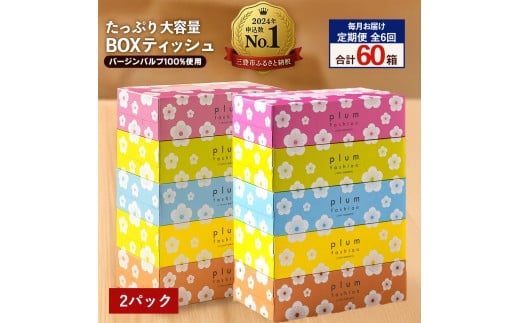 【ふるさと納税】 ティッシュ ティッシュペーパー 「 大容量 プラムファッション BOXティッシュ 2パック (ケース10個入り) 定期便 全6回(毎月)」 [ 常備品 生活用品 まとめ買い 蛍光染料不使用 日用品 日用雑貨 日用消耗品 ]  【配送不可地域：北海道・沖縄県・離島】 2201161 - 香川県三豊市