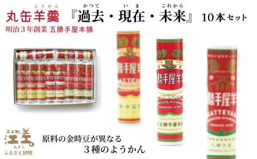 【数量限定】五勝手屋本舗『丸缶羊羹（ようかん）過去・現在・未来』10本セット　五勝手屋羊羹の「かつて・いま・これから」　金時豆　大正金時　紅金時　秋晴れ　ようかん　復刻　保存料不使用　老舗　和菓子　銘菓　ギフト　贈答