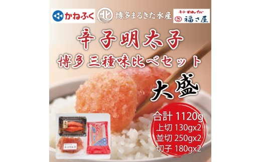 【ふるさと納税】辛子明太子 博多三種味くらべセット大盛 1120g(かねふく大粒明太子130g×２、まるきた水産大粒明太子250g×２、福さ屋 大粒明太子180g×２) [a7542] 藤井乾物店 ※配送不可：離島【返礼品】添田町 ふるさと納税 1421492 - 福岡県添田町