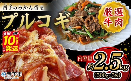 ＜西予のみかん香るプルコギ 合計 約2.5kg（500g×5）＞ みかん風味 韓国 牛肉 お肉 味付け 焼肉 タレ漬け タレ レシピ プルコギ丼 献立 アレンジ 味付け 子供 惣菜 おかず グルメ 愛媛県 西予市【冷凍】 1805669 - 愛媛県西予市