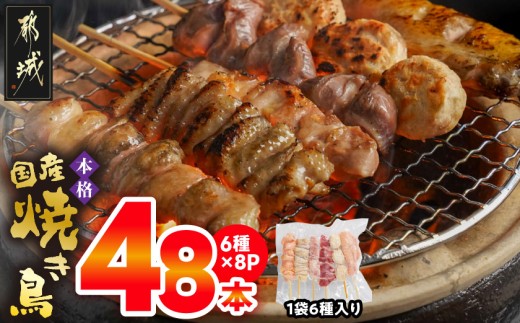 職人串打ちの本格焼き鳥48本!!_12-3307_(都城市) 焼鳥串 生冷凍串 冷凍生肉 もも 皮 手羽 小肉 砂肝 ぼんじり ねぎま ハラミ せせり つくね ふりそで 6本入り 8P 計1.6kg BBQ 鶏肉 国産 小分け