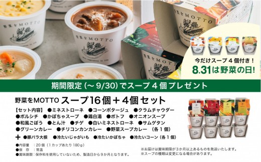 静岡県静岡市のふるさと納税 ★９月末まで期間限定★ レンジで1分 野菜をMOTTO スープ 16個+4個 セット 大容量  野菜の日 期間限定 プレゼント レトルト インスタント 国産 ダイエット ベジMOTTOスープ  具だくさん 時短 手軽◆