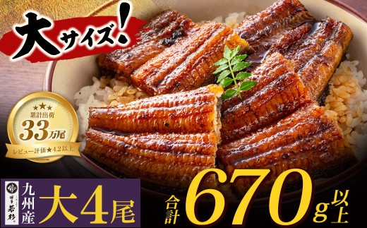 U61-73-05 【8/19寄附額改定】 ふっくらジューシー！ 国産うなぎ蒲焼大サイズ4尾（計670g以上）鰻蒲焼用タレ・山椒付 うなぎ 生産量日本一鹿児島県産うなぎ 宮崎県産うなぎ 熊本県産うなぎ 九州産 うなぎ 鰻 人気 おすすめ 鰻 ウナギ うなぎ 国産 冷凍 蒲焼 うな重 ひつまぶし 土用 丑の日 561596 - 福岡県福智町