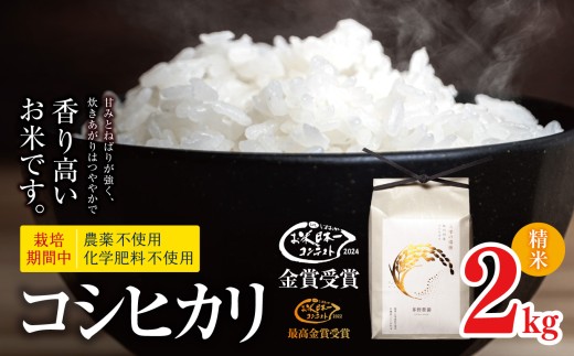 [令和7年度産先行予約]コシヒカリ 2kg 栽培期間中 農薬不使用 | 米 お米 コメ こめ 精米 白米 はくまい コシヒカリ 無農薬 無化学肥料 栽培米 無農薬栽培米 特別栽培米 優秀賞 最高金賞 長野県 松川村 信州