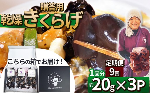 【定期便9回】贈答用乾燥きくらげ 20g×3P ともちゃん農園 |定期便 贈答用 乾燥 きくらげ 食物繊維 鉄分 カルシウム ビタミンD カリウム アミノ酸  高血圧予防 ふるさと 納税栃木県 那珂川町