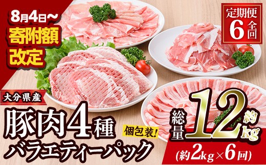 ＜定期便・全6回 (連続)＞ 豚肉 バラエティーパック (総量12kg・4種) 小分け 豚バラ スライス とんかつ ロース 豚こま しゃぶしゃぶ 鍋 大分県 佐伯市【BD209】【西日本畜産 (株)】 533129 - 大分県佐伯市