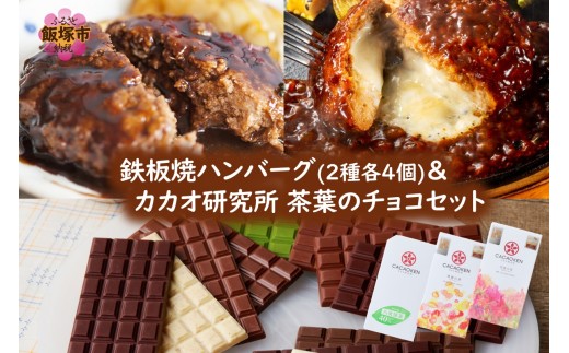 鉄板焼ハンバーグ(2種各4個)＆カカオ研究所 茶葉のチョコセット【B3-089】