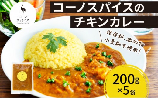 コーノスパイス チキンカレー 200g×5パック スパイスカレー チキン カレー 鶏肉 小麦粉不使用 グルテンフリー スパイシー カリー 冷凍 CONO SPICE コーノコーラ 送料無料 愛知県 名古屋市 2222083 - 愛知県名古屋市