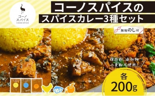 《無地熨斗》 コーノスパイス スパイスカレー3種セット チキンカレー サバと大根のカレー キーマカレー 各200gパック 小麦粉不使用 グルテンフリー CONO SPICE コーノコーラ 愛知県 名古屋市 2222053 - 愛知県名古屋市