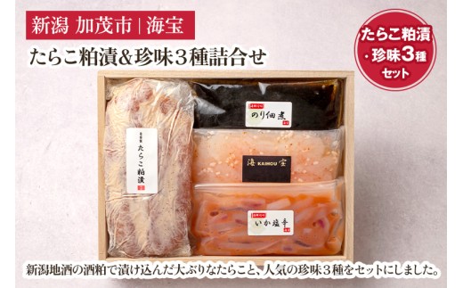 たらこ粕漬&珍味3種詰合せ(たらこ250g・いか塩辛70g・のり佃煮70g・甘えび塩辛70g・) 水産加工品 海産物 おかず ご飯のお供 おつまみ 肴 魚卵 タラコ 新潟県 加茂市 海宝
