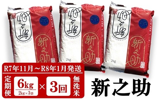 [R7年11月〜R8年1月発送・3回定期便]新之助 無洗米 6kg(2kg×3袋)×3回(計18kg)令和7年産新米 田村農産 しんのすけ[Y0092]