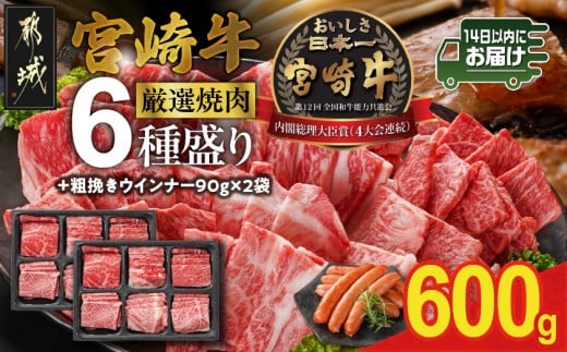 宮崎牛6種盛り焼肉食べ比べ600g+粗挽きウインナー90g×2袋≪みやこんじょ快速便≫_21-N201-R-ESW-CF_(都城市)   ギャル曽根さんおすすめの牛肉返礼品 牛肉 肉