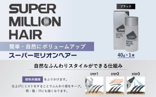 スーパーミリオンヘアー（増毛パウダー）1本（40g)No.1ブラック｜ 男女兼用 ルアン SUPER MILLION HAIR ボリュームアップ 男性用 女性用 メンズ レディース ヘアケア 薄毛隠し 白髪隠し カバー 対策 手軽 増毛剤 粉 257810 - 群馬県前橋市