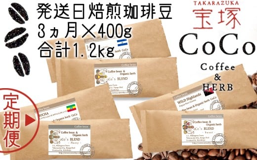 【宝塚】3ヶ月の定期便（当日自家焙煎珈琲豆6種 計1200g）Type2【豆】