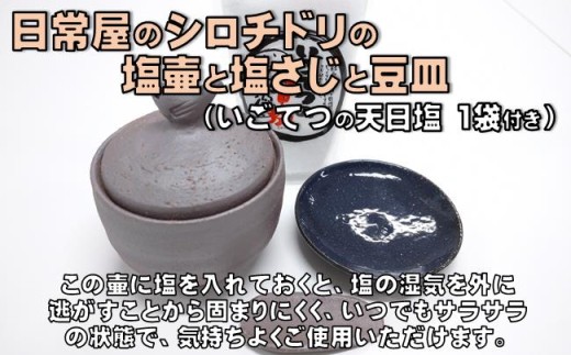 ［1498］日常屋 の シロチドリ の 塩壷 と 塩さじ と 豆皿 （いごてつの 天日塩 1袋付き）