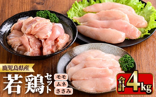 y537 鹿児島県産若鶏セット(合計4kg・もも、むね、ささみ) 国産 九州産 鹿児島県産 鶏肉 鳥肉 鶏 とり 若鶏 冷凍 もも むね ささみ ササミ 筋なし セット 詰め合わせ 小分け 真空 【TRINITY】 2243300 - 鹿児島県湧水町