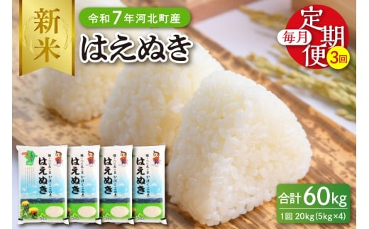 【令和7年産米】※2025年10月下旬開始※ はえぬき60kg（20kg×3ヶ月）定期便 山形県産 【JAさがえ西村山】ka008-008d-r7-10123