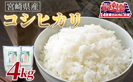 ＜令和7年度産新米　宮崎県産コシヒカリ　4kg＞14営業日以内に順次出荷【 国産 米 お米 最速便 白米 精米 こしひかり ごはん ご飯 白飯 食品 】 1729511 - 宮崎県国富町