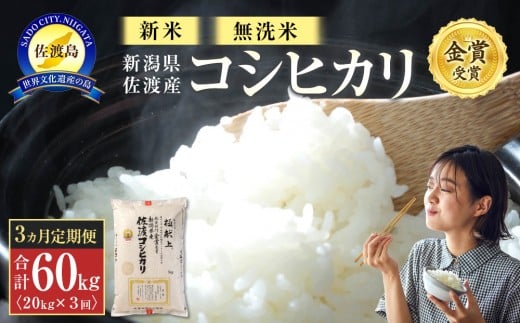 【新米・先行予約】無洗米20kg 新潟県佐渡産コシヒカリ20kg(5kg×4)×3回「3カ月定期便」 952646 - 新潟県佐渡市