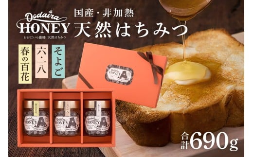 420. 国産天然 非加熱はちみつ 230g 3本セット「春の百花」「6.18」「そよご」