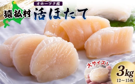 「活ほたて」大サイズ3kg（12～15枚）　オホーツク産
