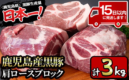 y201-v02 特選！鹿児島産黒豚肩ロースブロック(計3kg) 国産 九州産 黒豚 豚肉 ぶた肉 お肉 ステーキ 肩ロース ブロック 真空パック 焼肉 BBQ バーベキュー シチュー 冷凍【財宝】 397008 - 鹿児島県湧水町