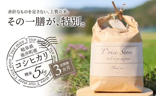 [3か月定期便][令和7年産][新米]T rice Store 岐阜県産 コシヒカリ 15kg(5kg×3回)| 垂井町産 米 こめ お米 白米 精米 冷めても美味しい米 ブランド米 高品質 安心 安全 リピーター多数 贈答用 贈り物 ギフト プレゼント おしゃれ 人気